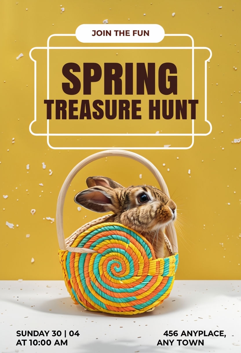 Joyful Spring Treasure Hunt Event Poster with Colorful Hare and Basket Design