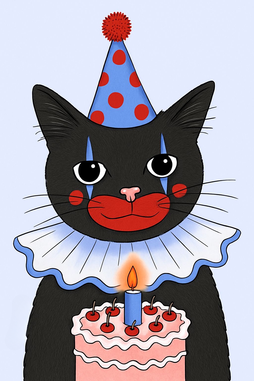 Whimsical Black Cat Clown Illustration with Birthday Cake Art