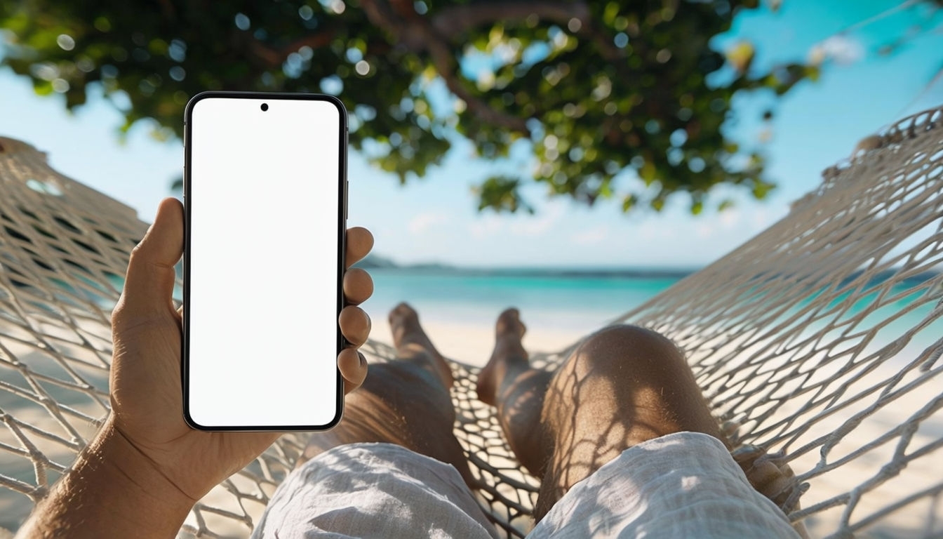 Tropical Beach Hammock with Modern Smartphone Mockup