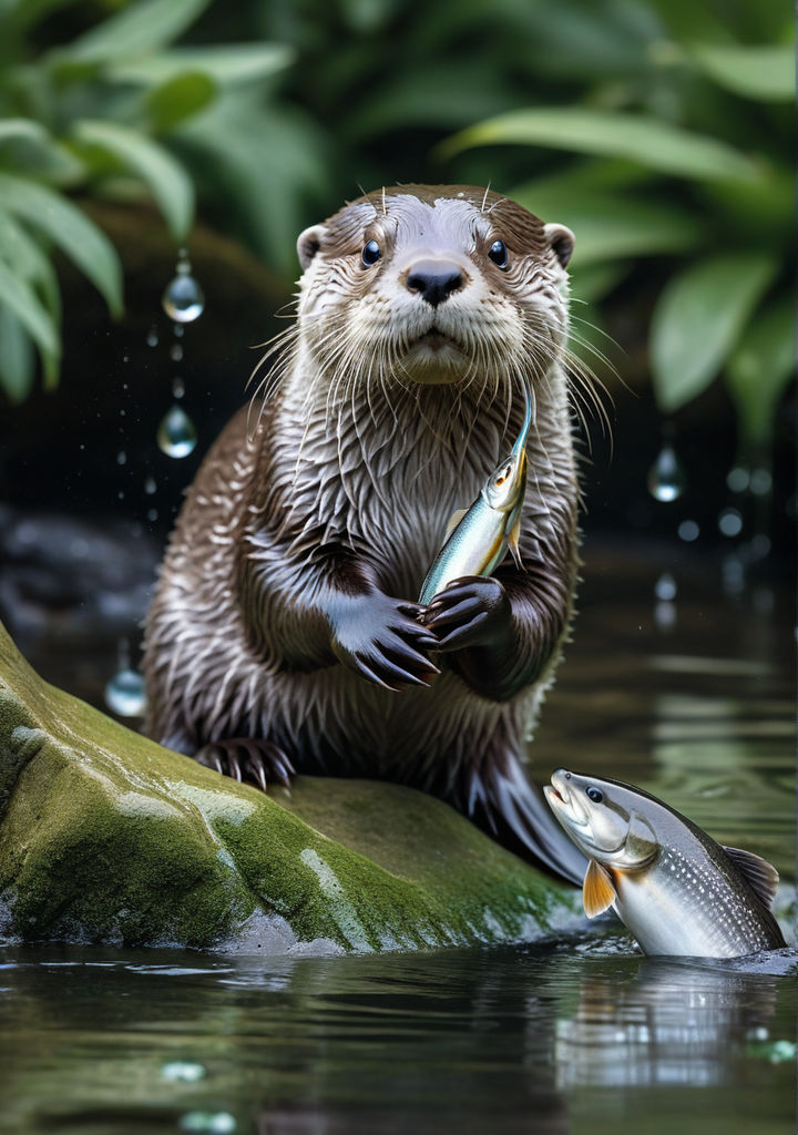 Close-up of an otter gracefully balancing on a river rock by 아도오겐 ...