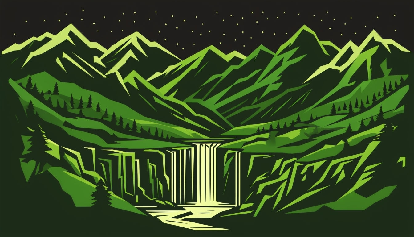 Vintage Nature Landscape with Waterfall and Mountains Poster Virtual Backgrounds