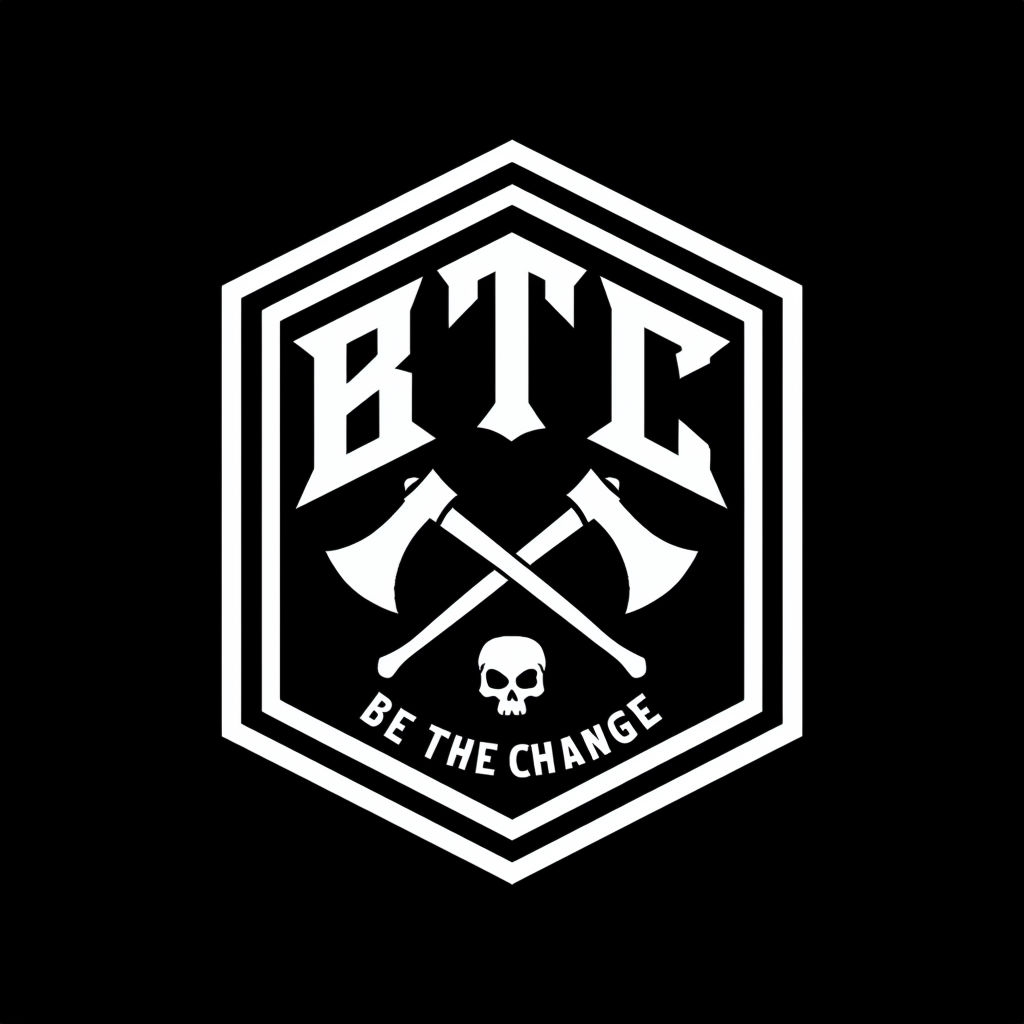 Bold Monochromatic BTC Logo with Axes and Skull Hat