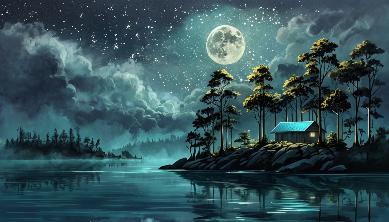 Serene Nocturnal Landscape with Cabin and Moonlight Art