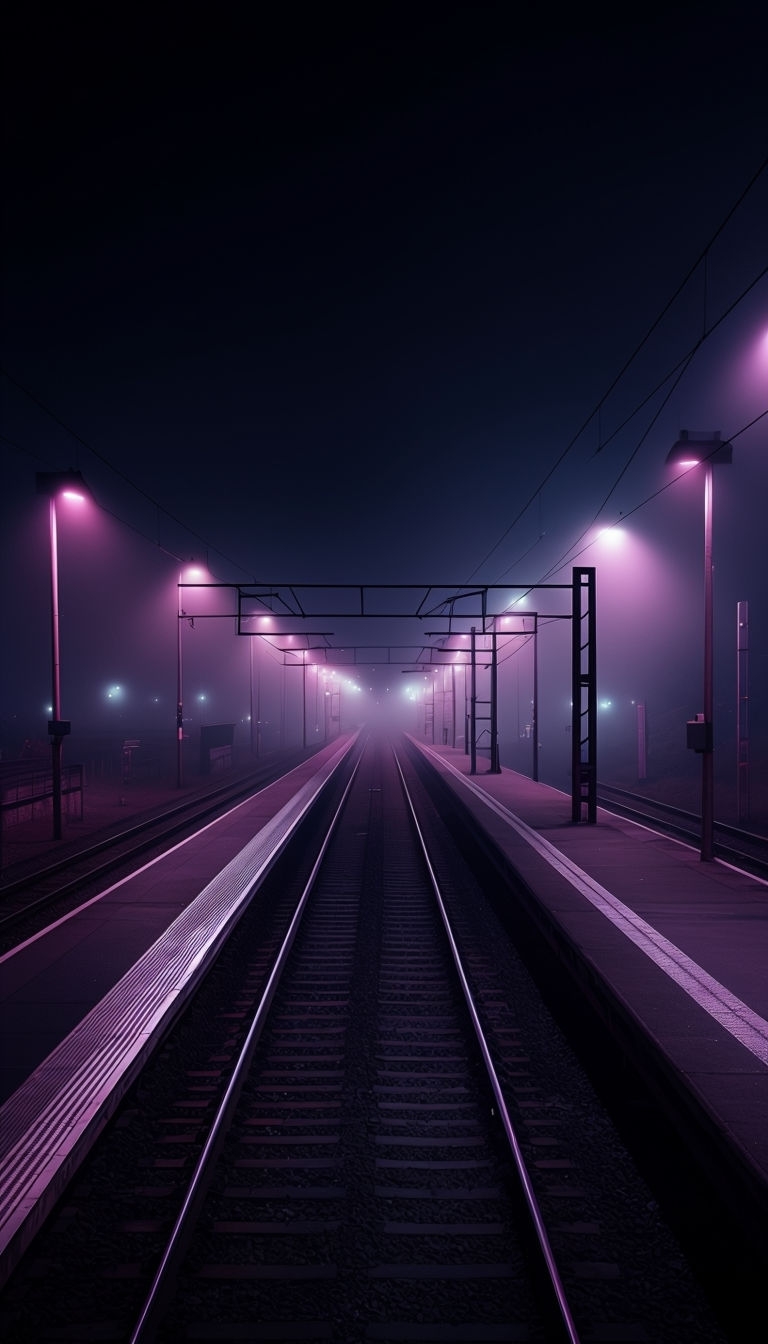 Mysterious Nighttime Train Station with Fog and Streetlights Mobile Wallpaper