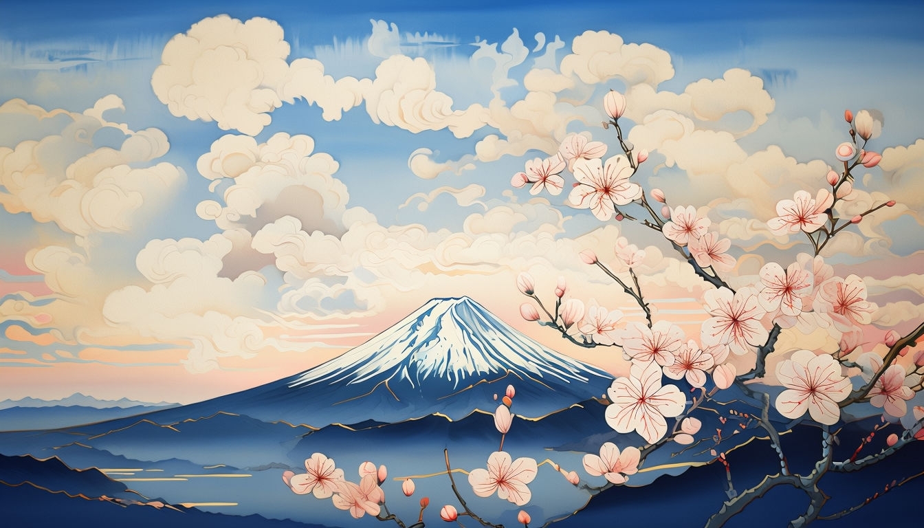 Serene Mount Fuji Twilight Landscape with Cherry Blossoms Background
