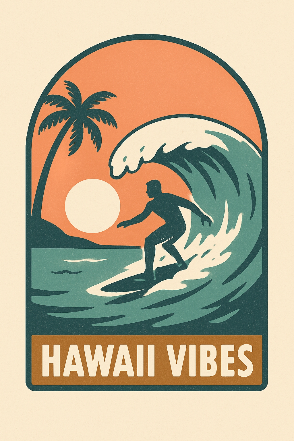 Vintage Hawaiian Surfing Scene with 'HAWAII VIBES' Poster