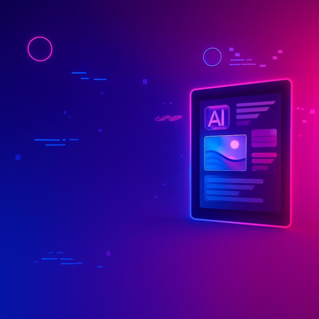 Futuristic Neon Tablet Illustration with AI Interface Design Ads