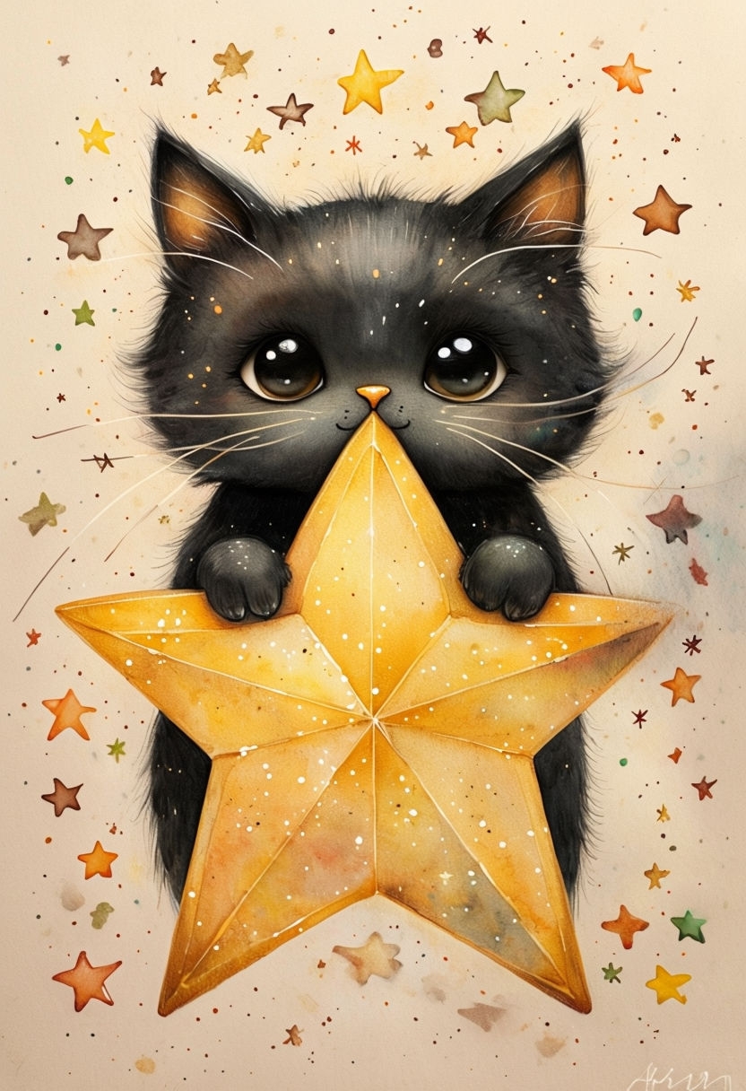 Whimsical Black Cat with Star Illustration for Dreamy Art