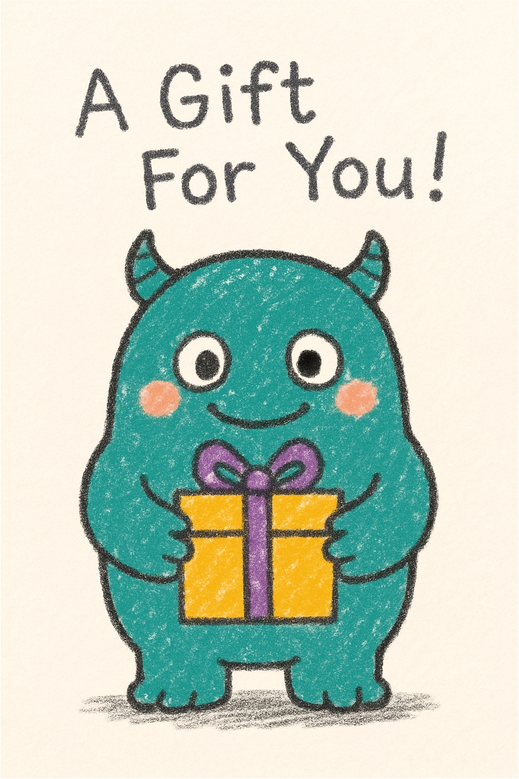 Charming Teal Monster Holding Gift Box Illustration Card