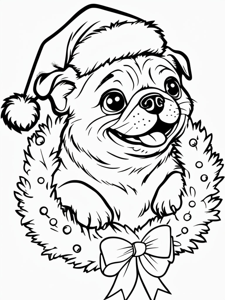 Cheerful Cartoon Pug with Santa Hat and Wreath Coloring Book Page