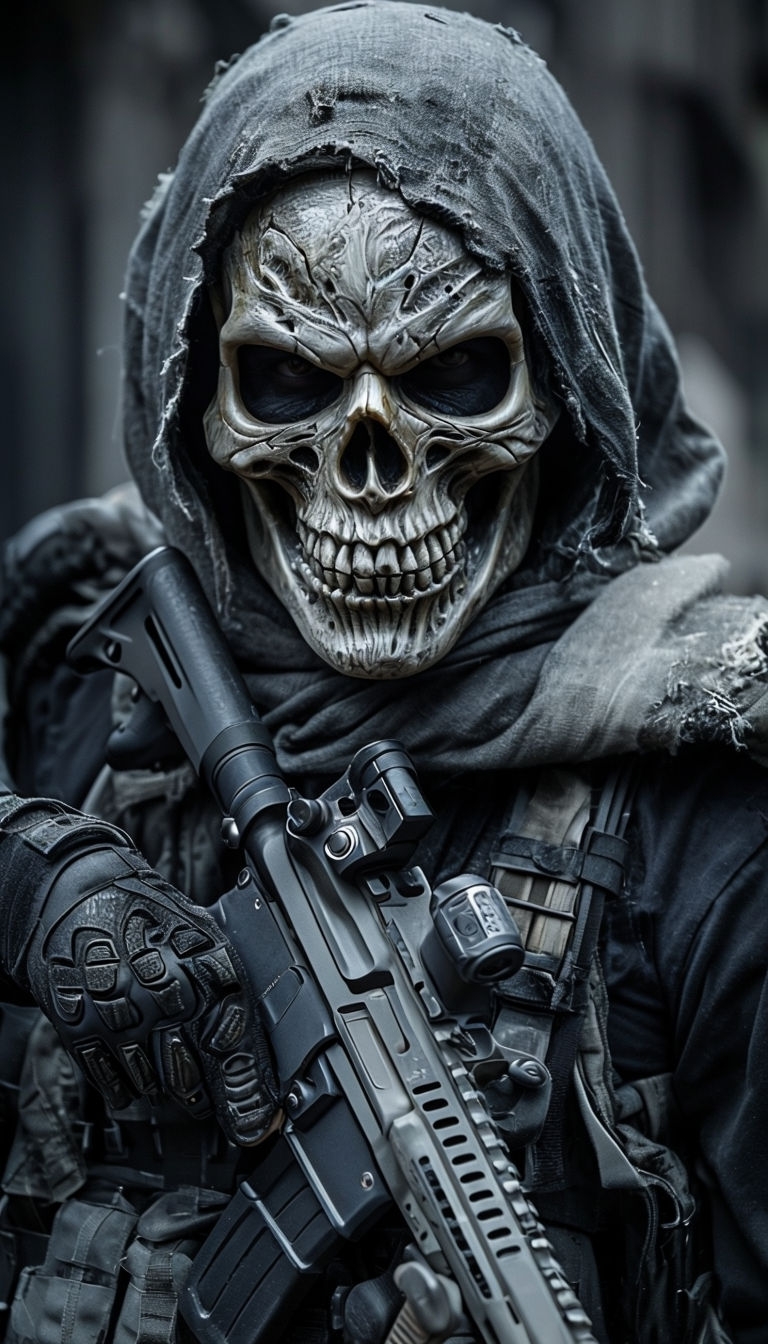 Ominous Tactical Figure in Skull Mask Close-Up Mobile Wallpaper