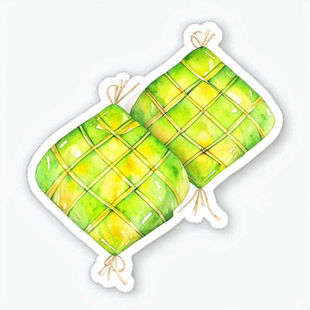 Vibrant Watercolor Ketupat Rice Cake Illustration Sticker