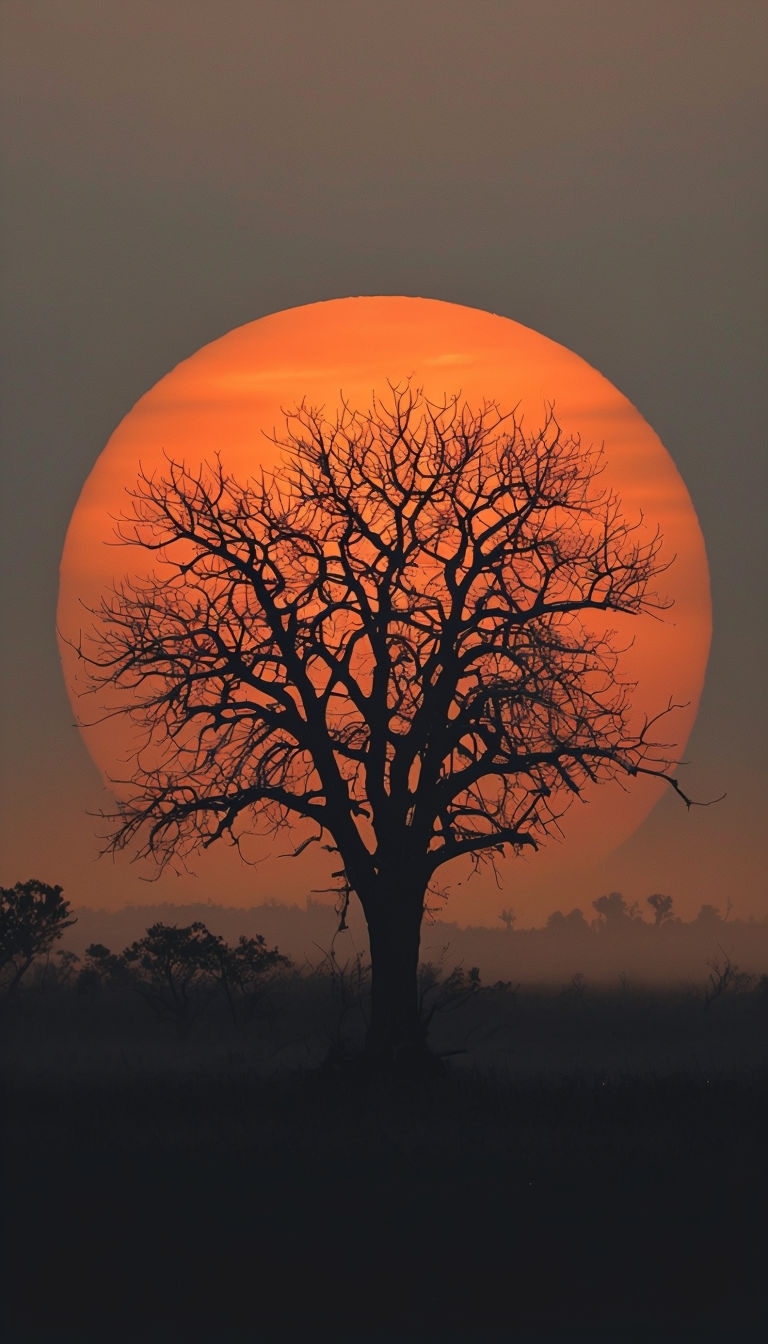 Dramatic Silhouette of Tree Against Glowing Orange Sun Mobile Wallpaper