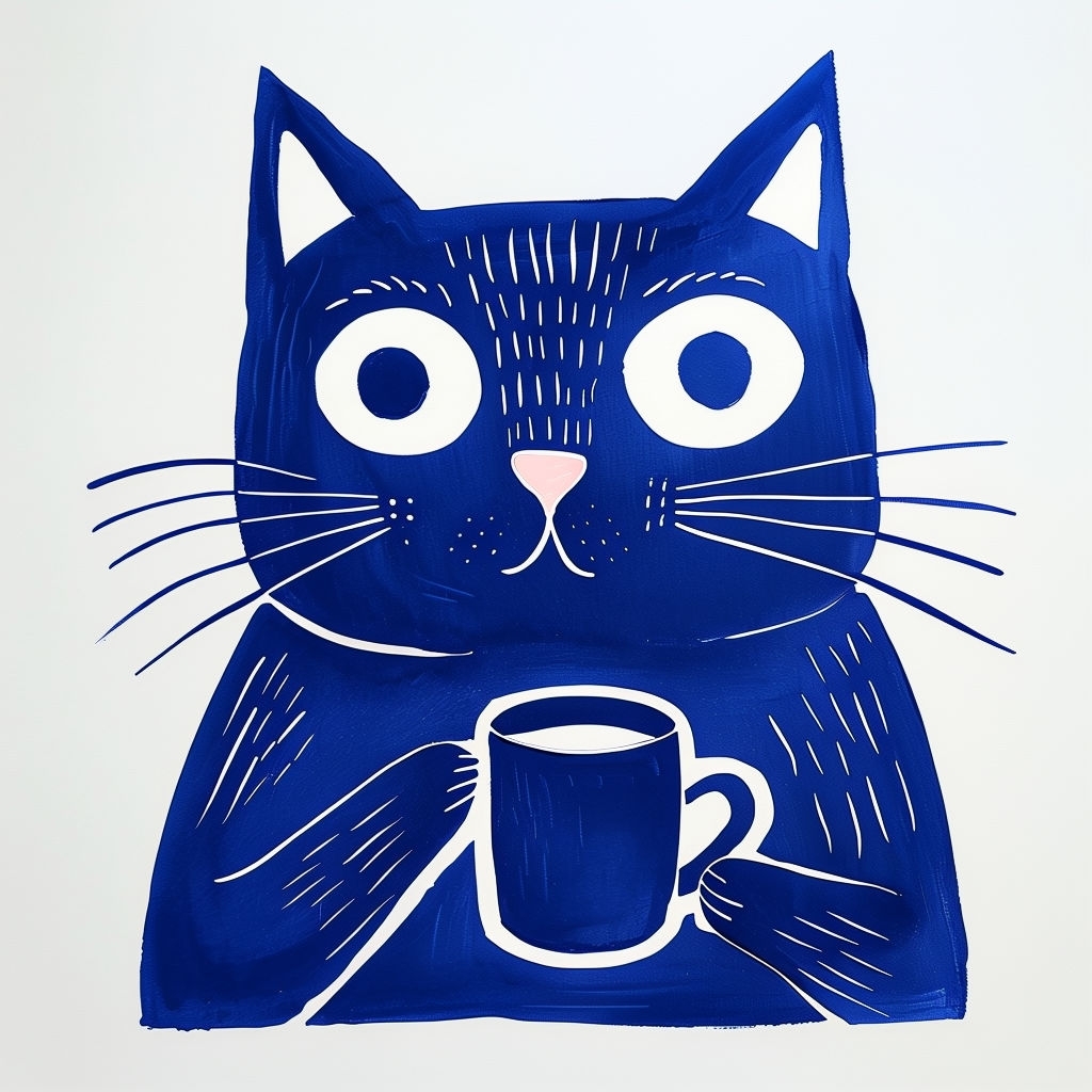 Whimsical Navy Blue Cat Holding a Mug Illustration Mug