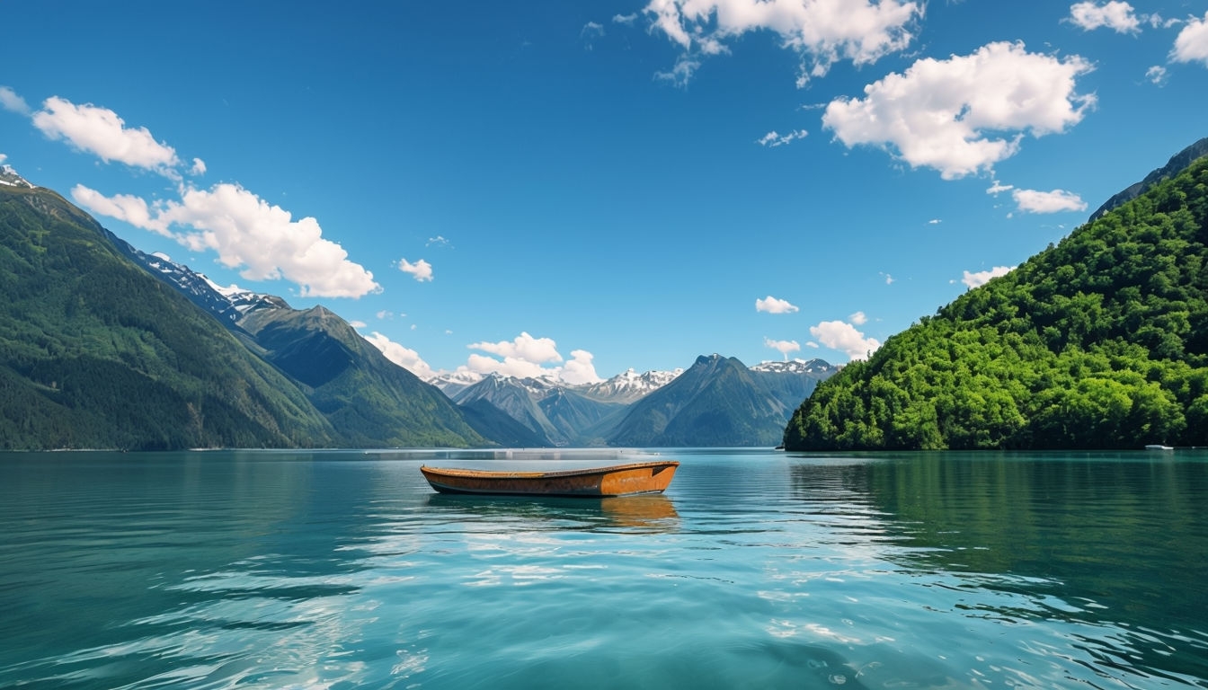 Serene Turquoise Water Landscape with Majestic Mountains Poster