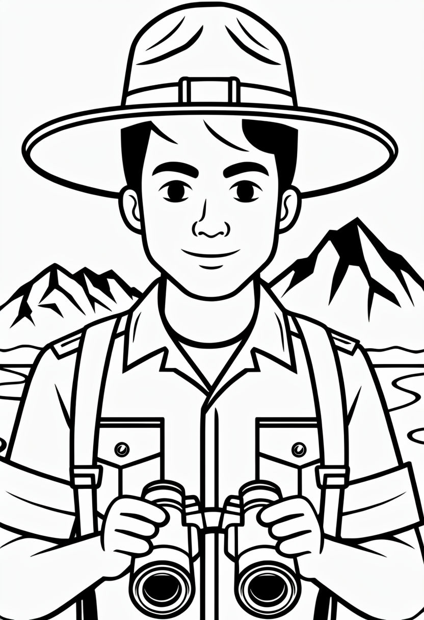 Brave Park Ranger Line Drawing with Binoculars Coloring Book Pages