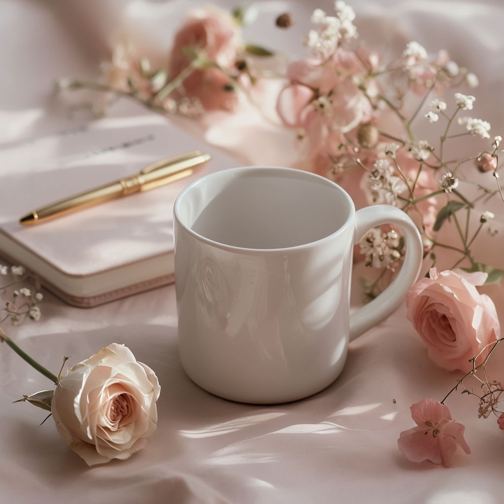 Serene Still Life Photograph with White Mug and Flowers Mockup