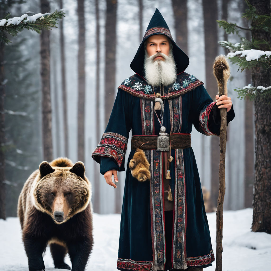 Slavic bearded wizard in traditional outfit with bear by Kamcio Jumper ...
