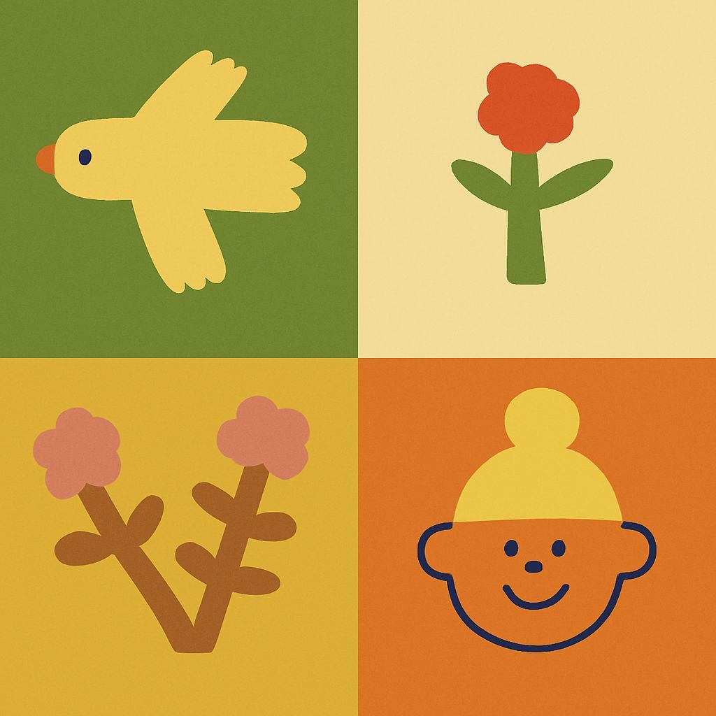 Playful Minimalist Cartoon Elements in Colorful Quadrants Seamless Pattern