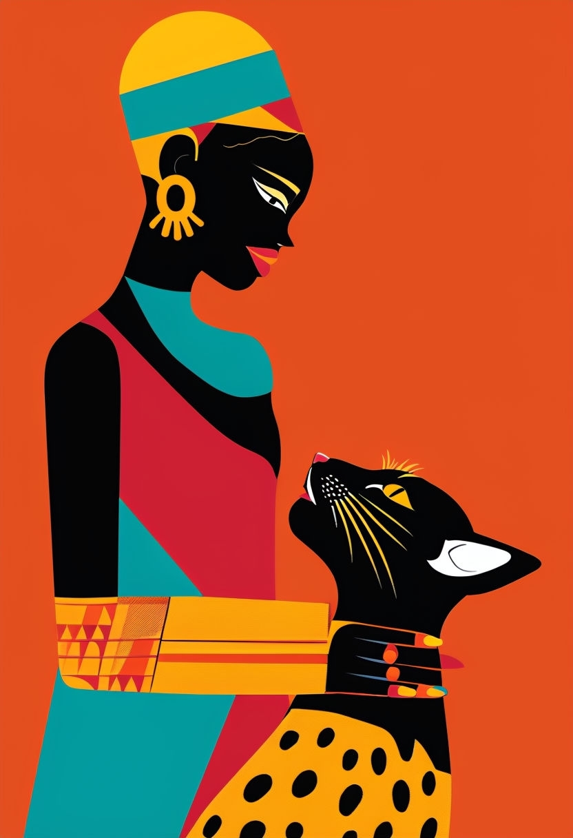 Playful Interaction Between Stylized Figure and Animal Art