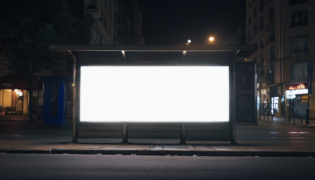 Illuminated Nighttime Bus Stop Shelter with Blank Billboard Mockup