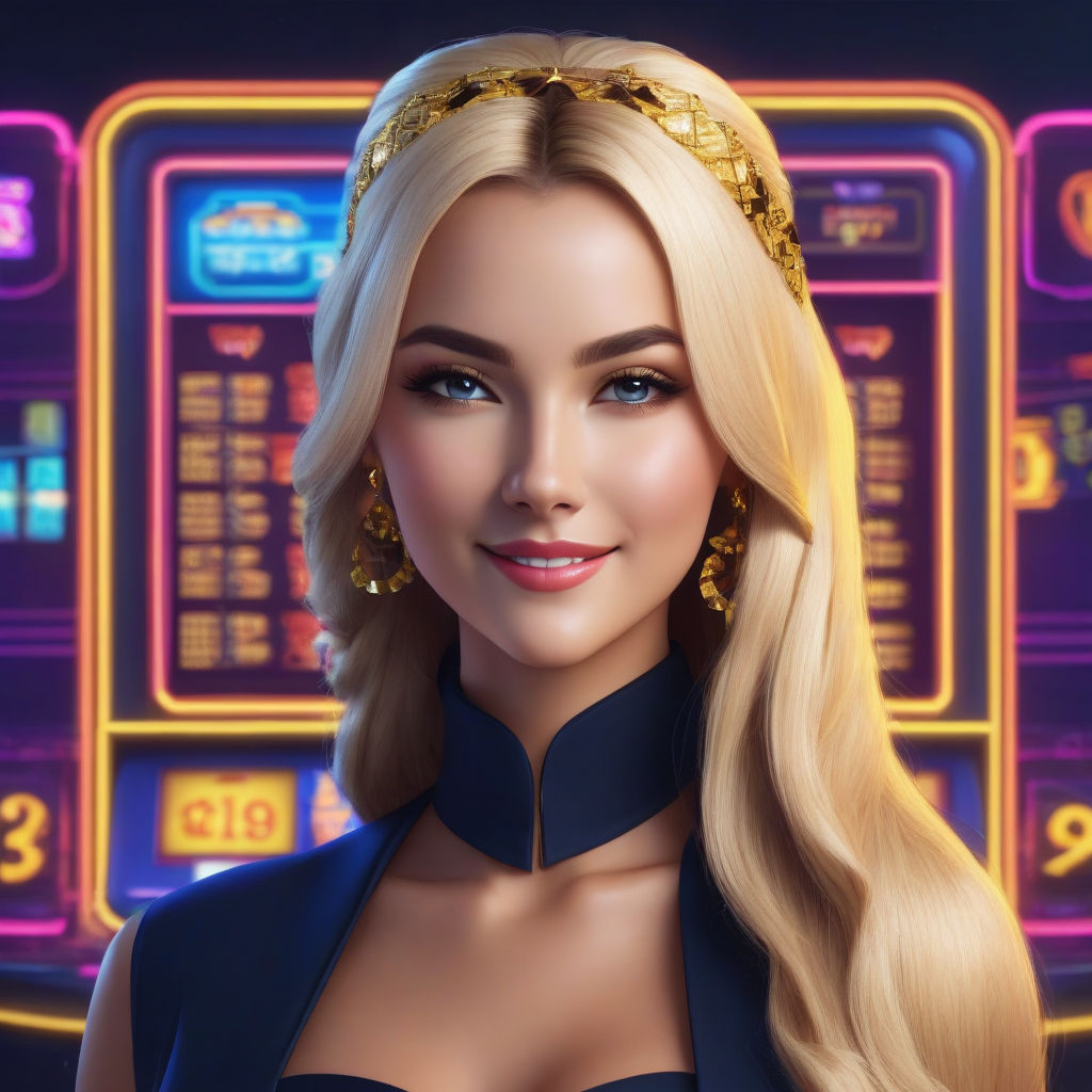 a upper body cute smiling casino women, 3d neon question mark around the head, curious woman, dressed all luxury, thick long blonde hair, realistic, 4k, betting, detailed, yellow and dark blue background, all fit in canva