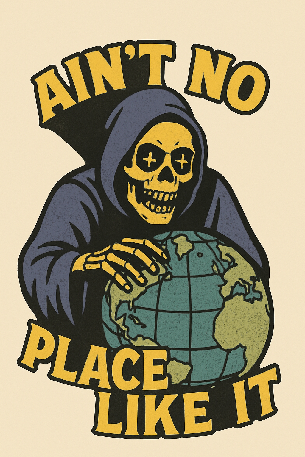 Retro Grim Reaper Cartoon with World Globe and Bold Text T-Shirt