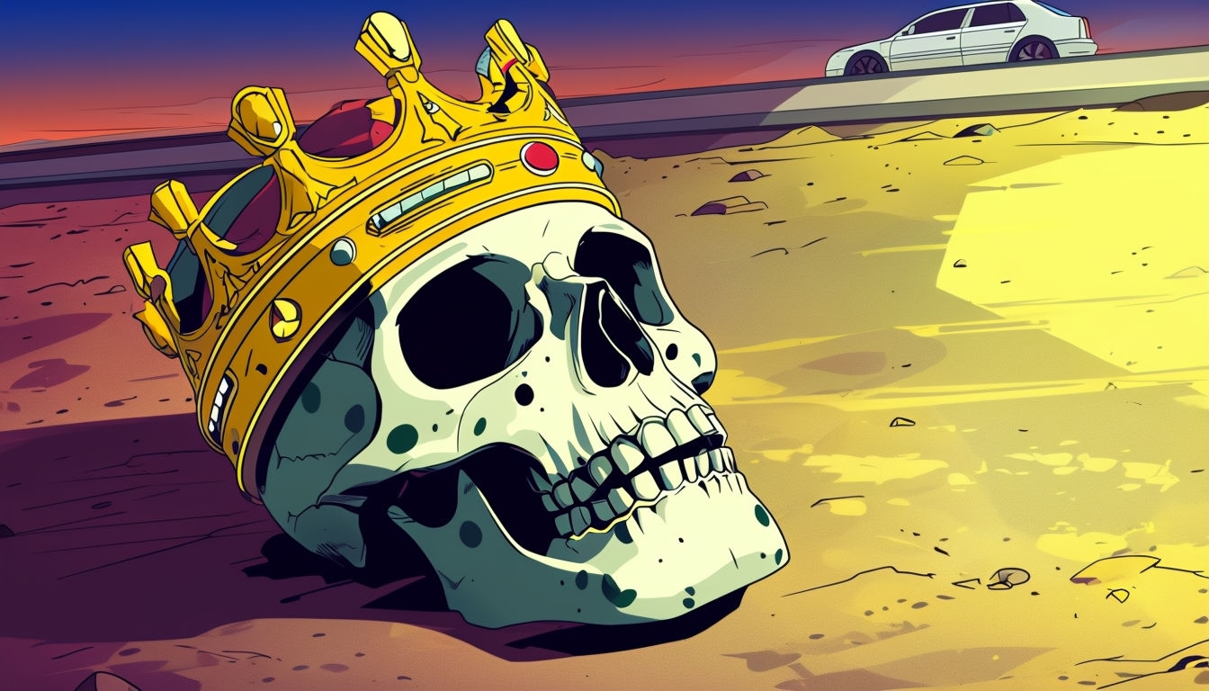 Ominous Cartoon Skull with Crown and Dramatic Lighting Background