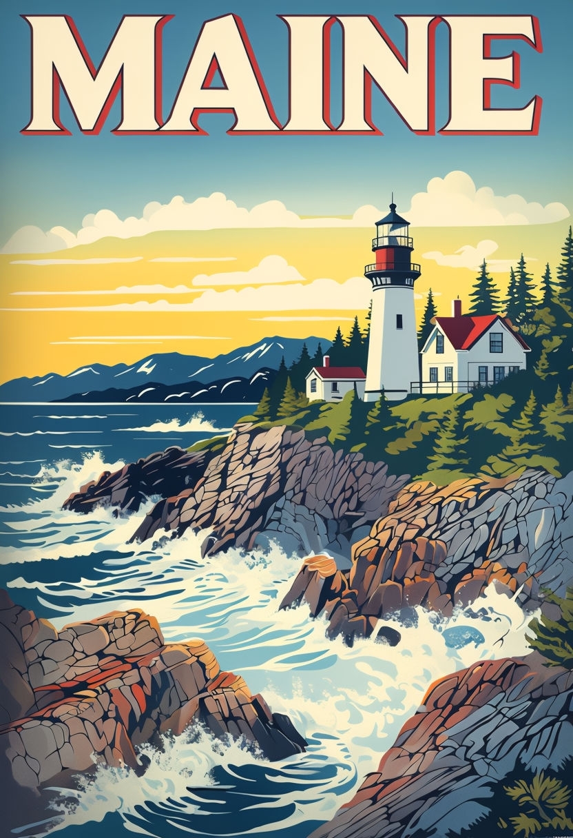 Vintage Maine Coastal Sunset Travel Poster Illustration
