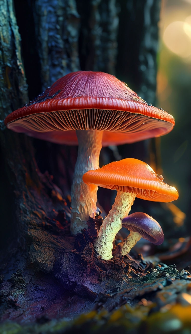 Captivating Close-Up Artwork of Colorful Fungi in Warm Light Mobile Wallpaper