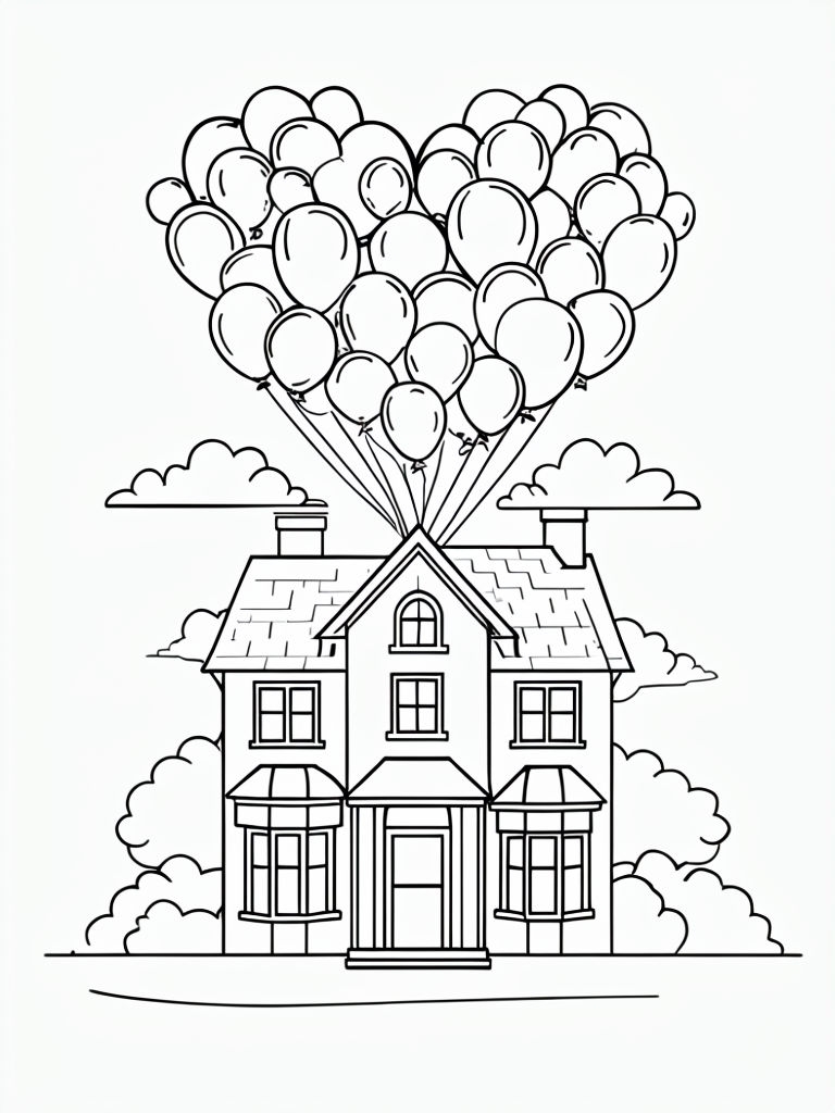 Whimsical Two-Story House with Heart-Shaped Balloons Coloring Page