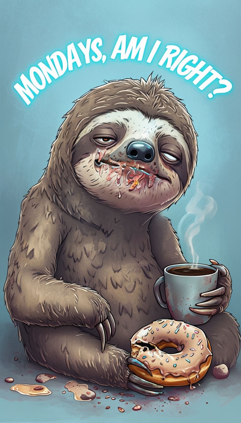 Sleepy Sloth with Coffee and Donut Comic Art Poster