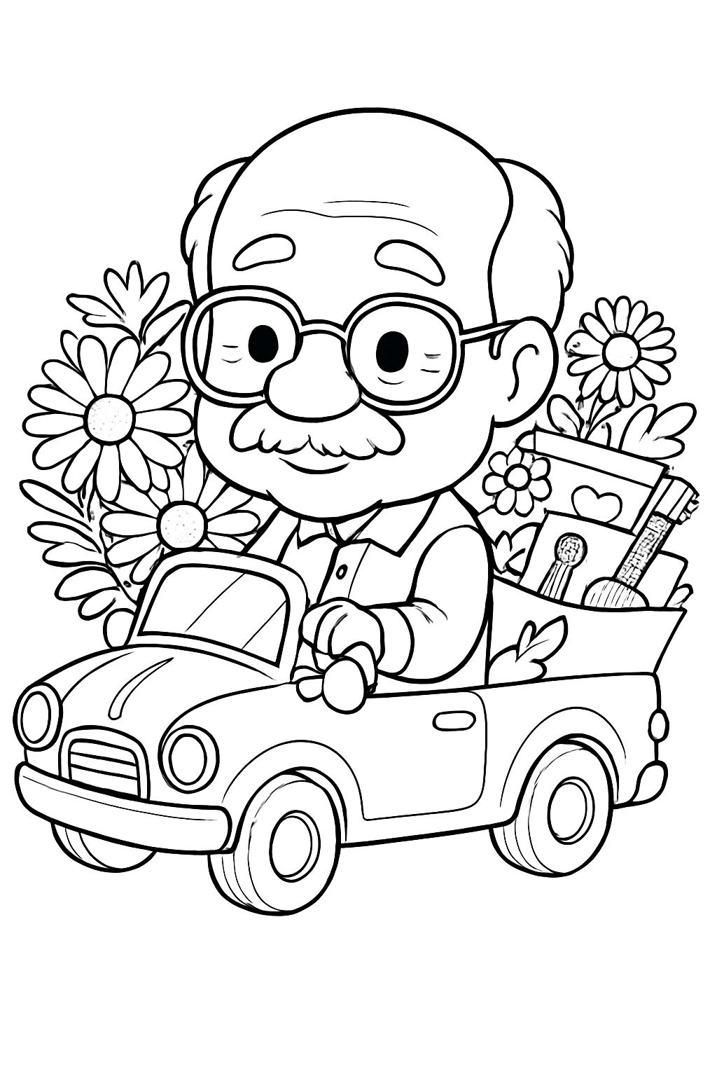 Cheerful Cartoon Elderly Man Driving Vintage Toy Car Coloring Book Pages