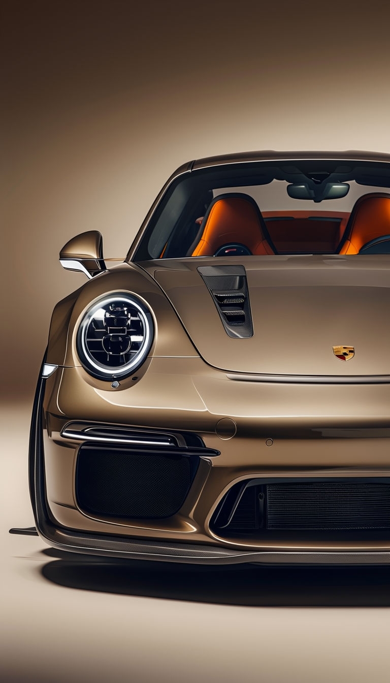 Sleek Metallic Bronze Porsche Sports Car Close-Up Mobile Wallpaper