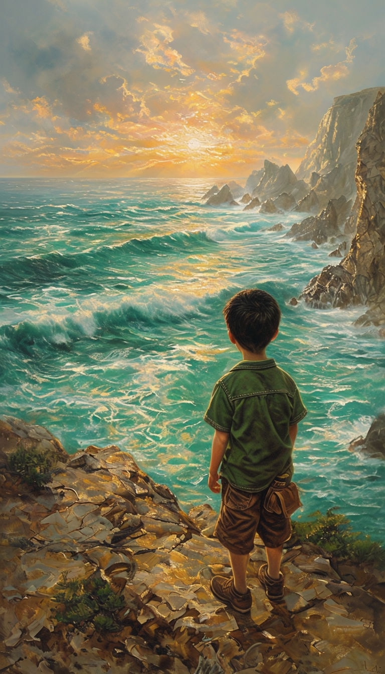 Young Boy Gazing at Breathtaking Sunset Over Ocean Wallpaper
