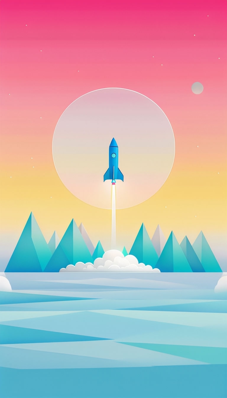 Tranquil Landscape with Blue Rocket Ship and Celestial Elements Mobile Wallpaper
