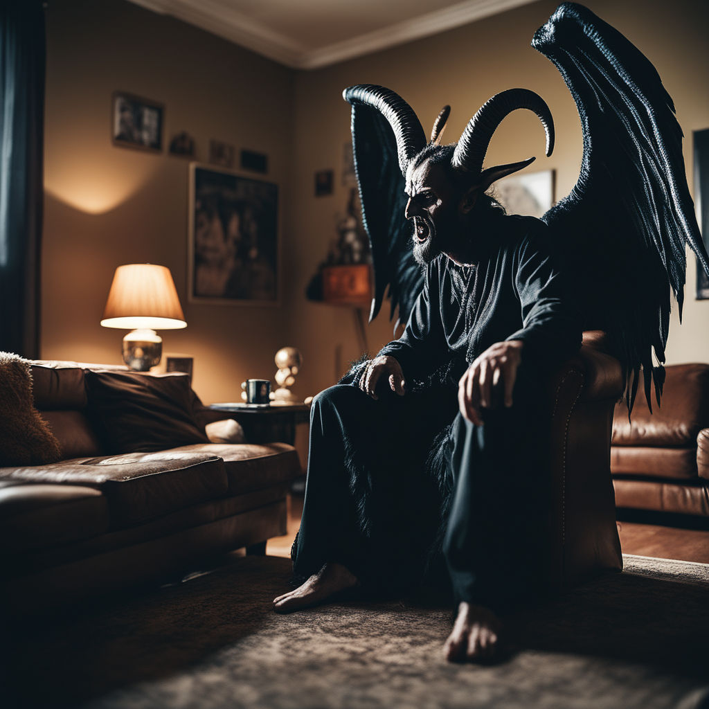 Portrait of the dark deity Baphomet with wings forcing a ter... by ...