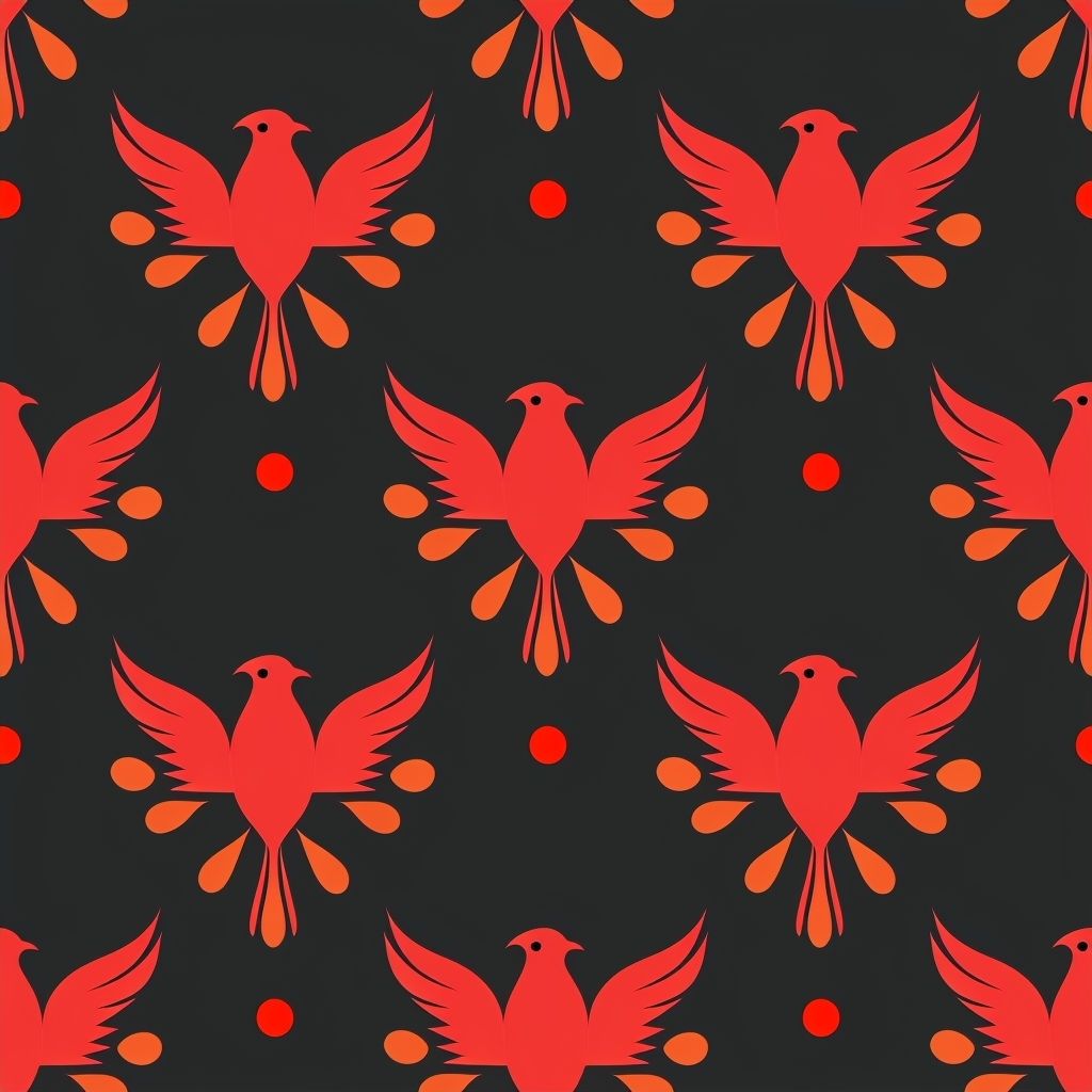 Stylized Phoenix Birds Tiled Pattern Design on Charcoal Background Seamless Pattern