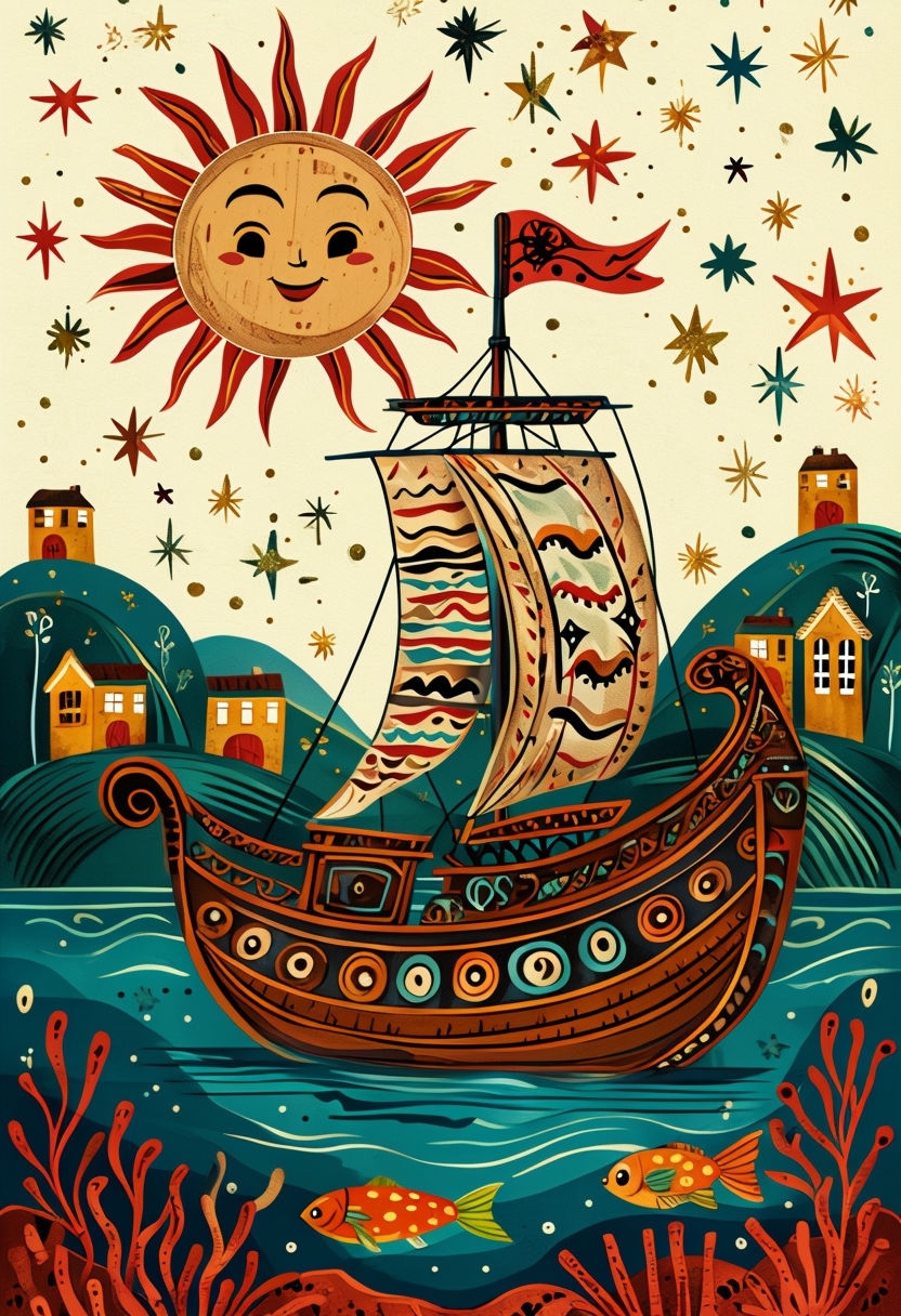 Whimsical Folk Art Ship with Sun and Stars Poster