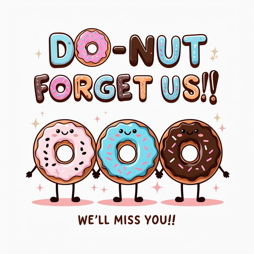 Playful Cartoon Donuts Farewell Design with Whimsical Text Card