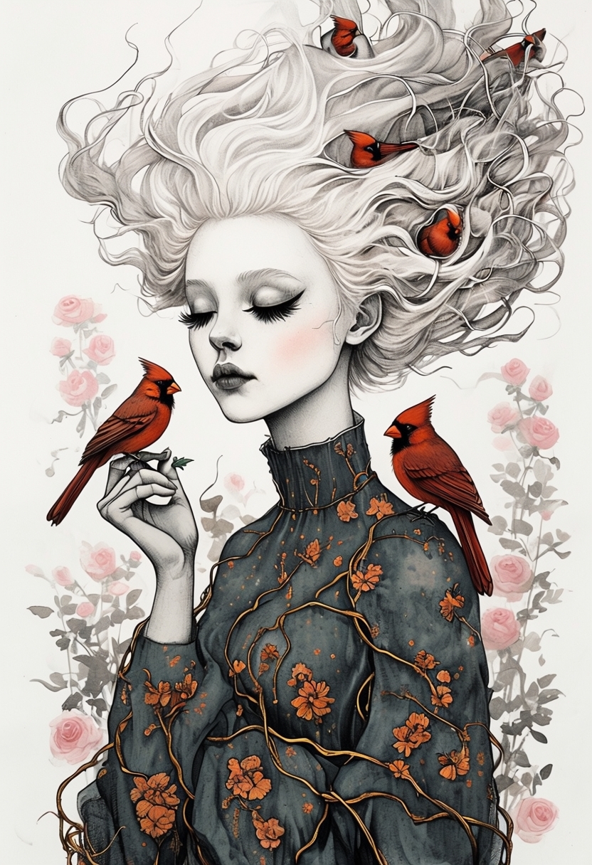 Surreal Young Woman with Cardinal Birds and Flowing Hair Art