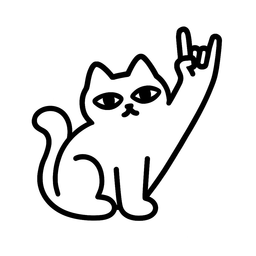 Playful Minimalist Cat Drawing with 'Rock On' Gesture Sticker