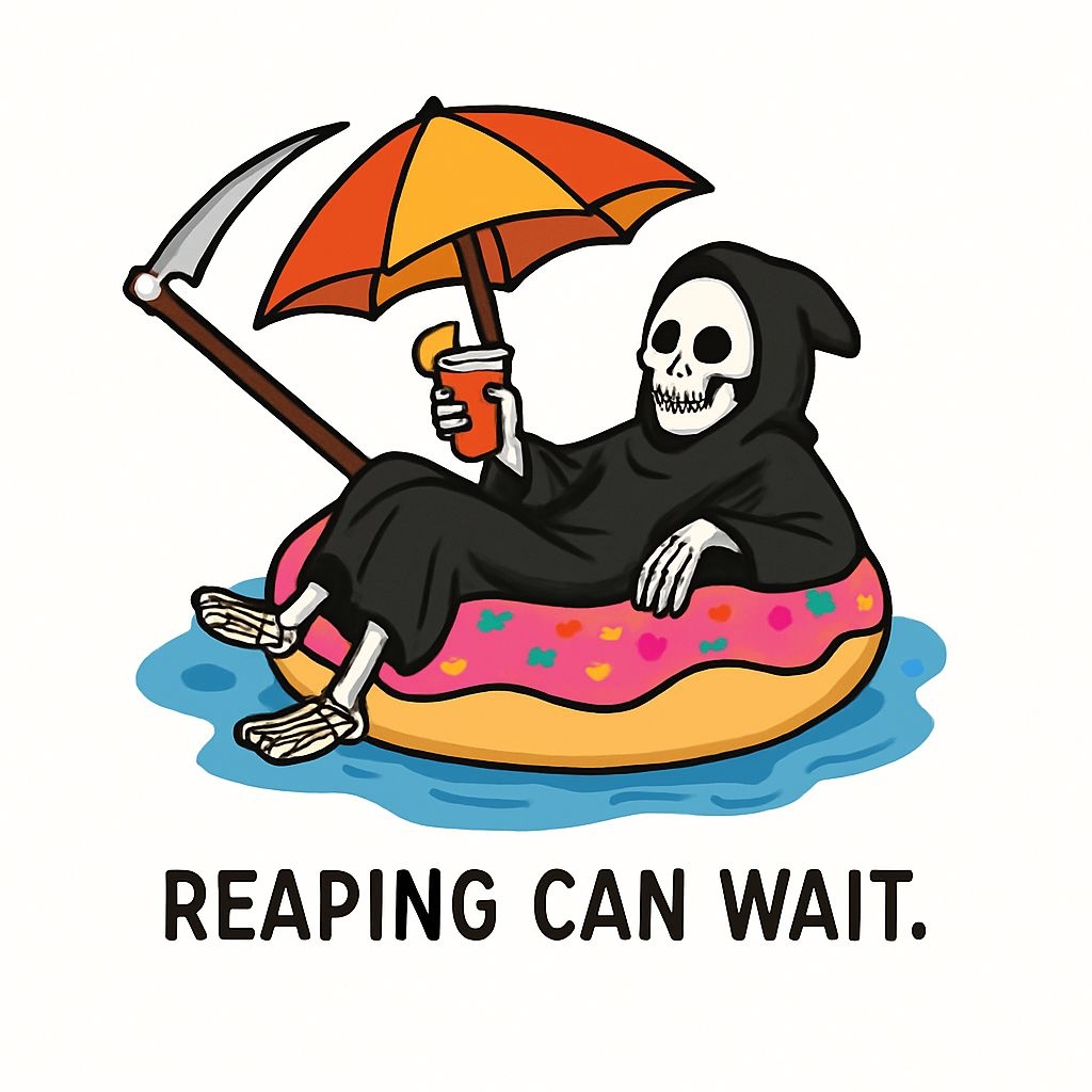 Whimsical Death Relaxing on Donut Float Sticker