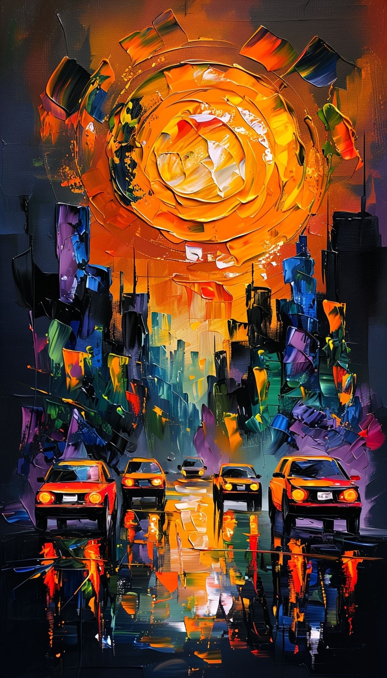Dynamic Expressionist Urban Street Scene Painting Art