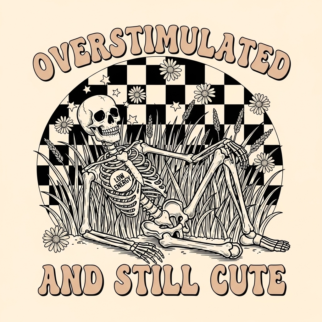 Retro Skeleton Low Energy Daisies and Checkerboard T-Shirt