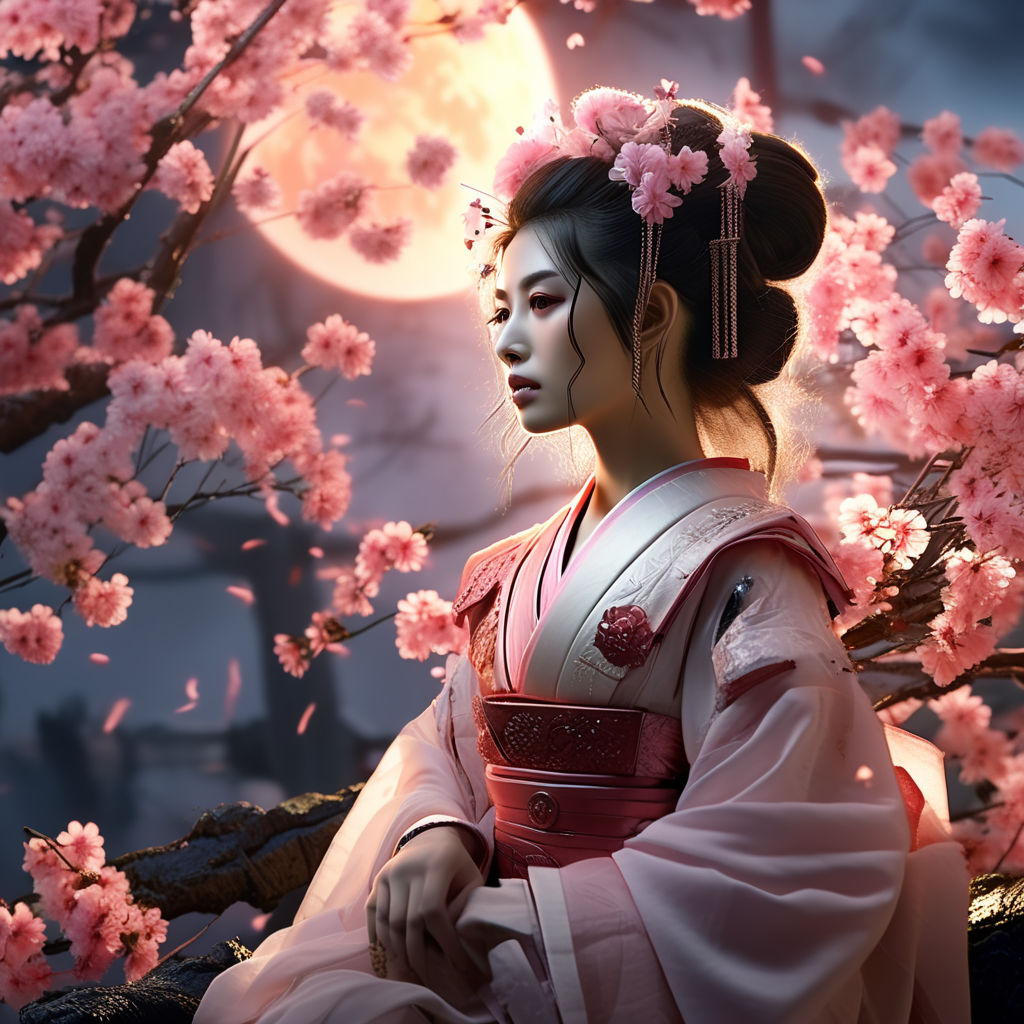 Geisha watching moon in cherry blossom forest sunset by ...