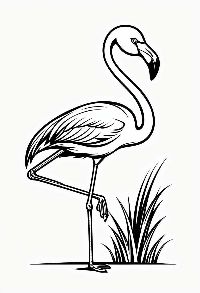 Elegant Flamingo Line Drawing Surrounded by Grass Coloring Book Pages