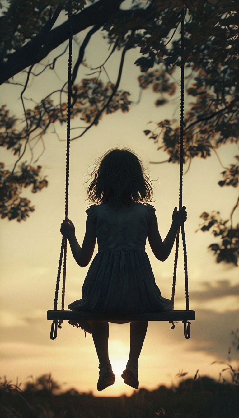 Nostalgic Girl on Swing with Sunset Backdrop Mobile Wallpaper