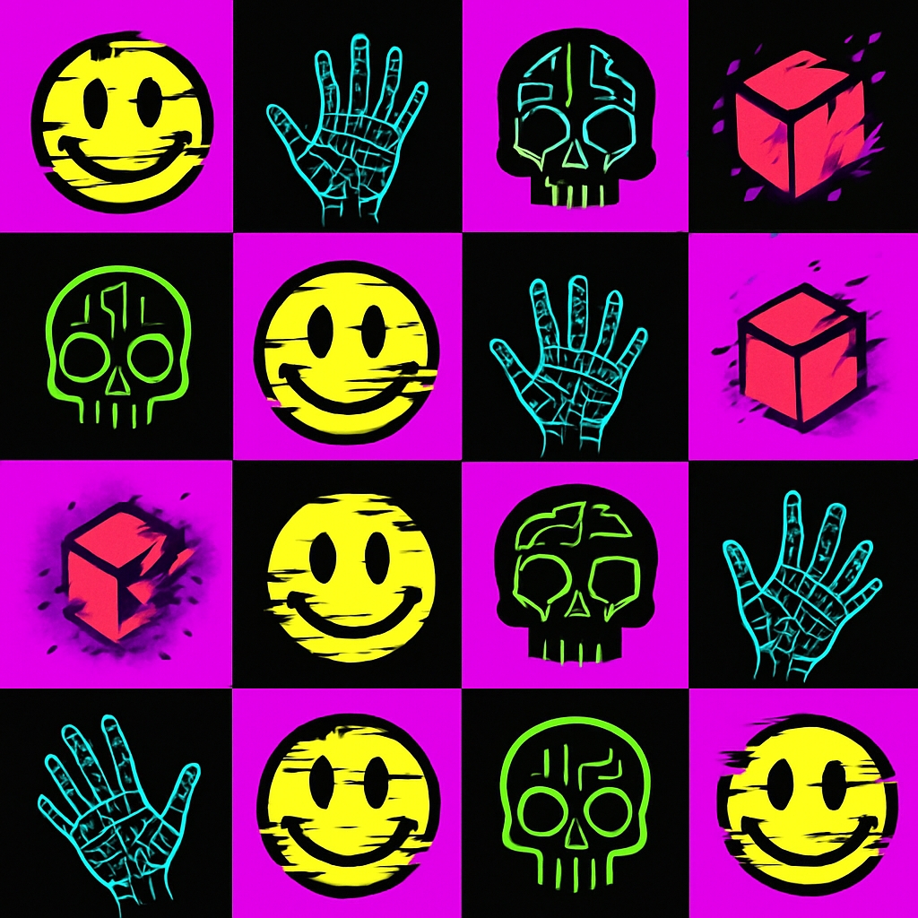 Vibrant Neon Symbols Checkerboard Pattern Design Seamless Pattern