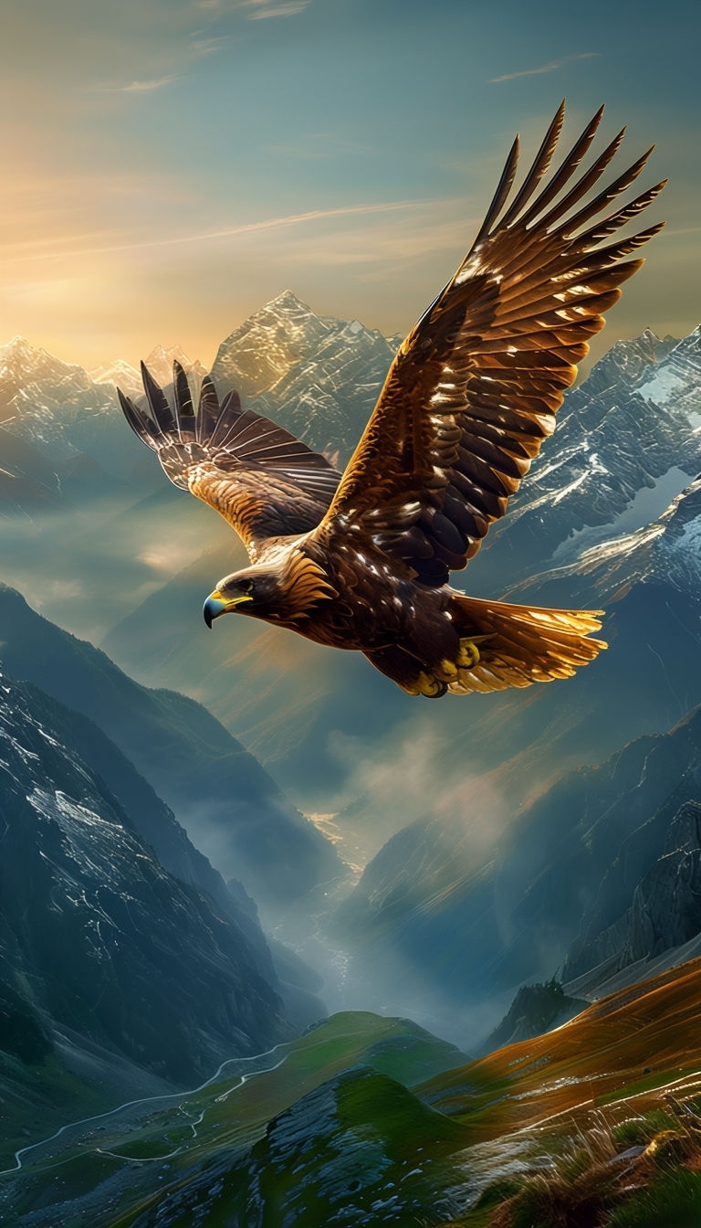 Majestic Golden Eagle in Flight Over Dramatic Mountain Landscape Mobile Wallpaper